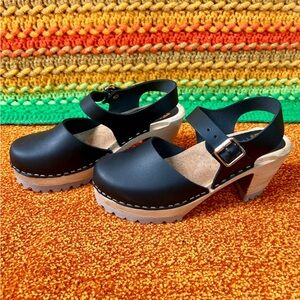MIA Women's Black Leather and Wood Clogs